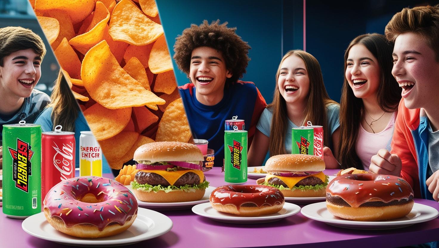 adolescenti che mangiano patatine, energy drink, hamburger, ciambelle Cibi ultra-processati