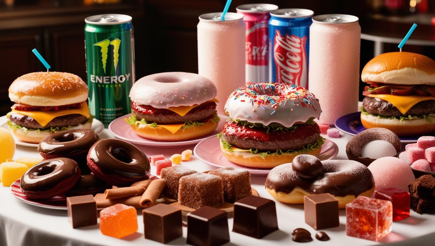 tavolata con energy drink, hamburger, ciambelle, caramelle, cioccolate, zollette di zucchero cibi ultra processati